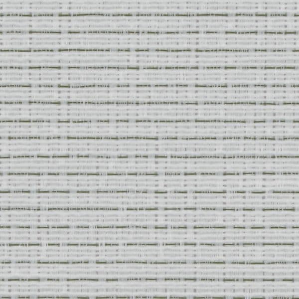 White woven roller blind, tightly closed, featuring fine horizontal and vertical fibers forming a grid with thin dark threads; filtering diffuse light in an interior close-up with no visible surroundings.