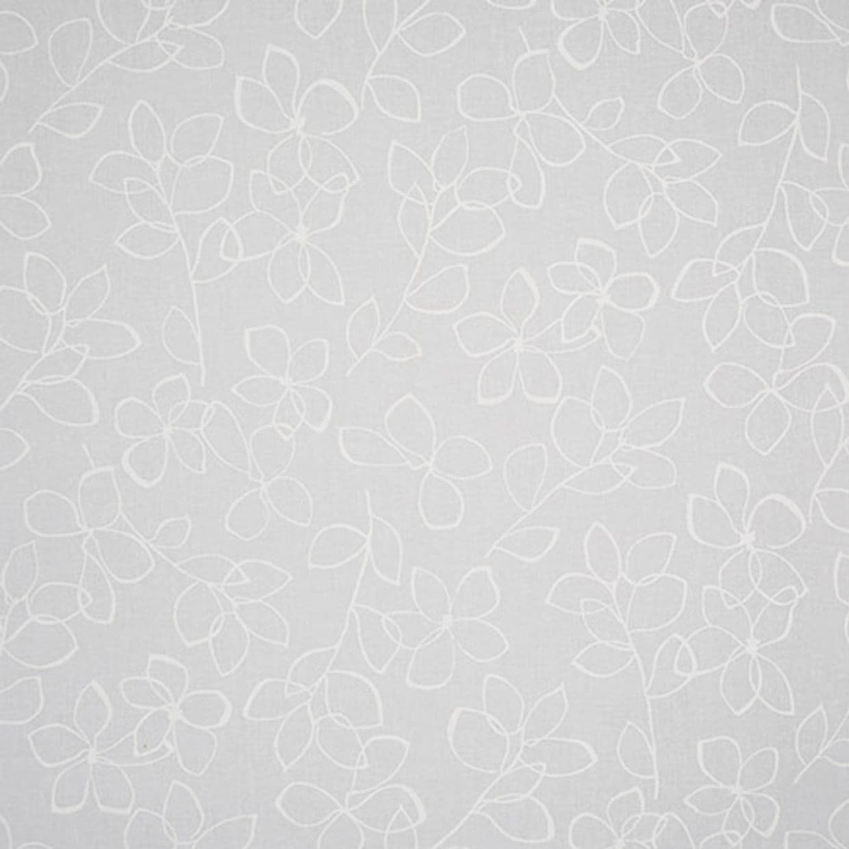 Light-gray fabric panel with delicate white outlined floral vines (curtain-like), covering the surface with a repeating pattern, evenly lit against a neutral background.