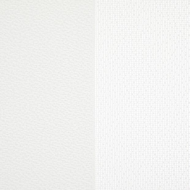 Two adjacent wallpaper panelsâ€”left smooth off-white, right white with a fine rectangular gridâ€”meet at a central seam, displayed as sample swatches under soft, neutral lighting.