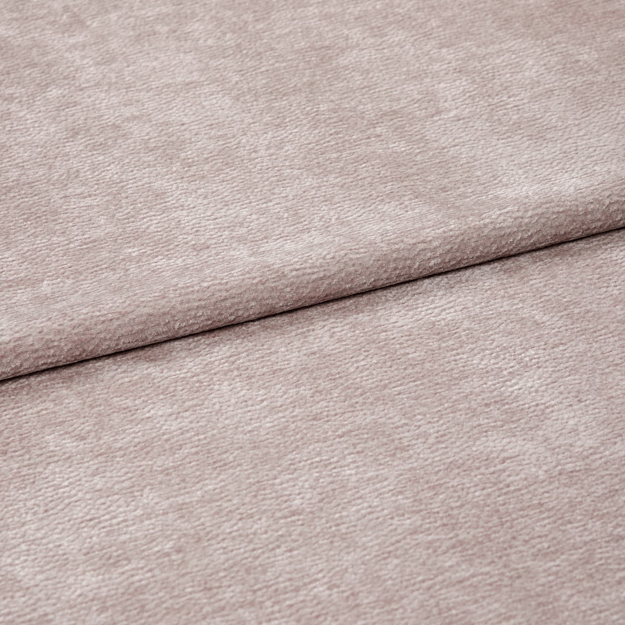 Plush blush-pink textured fabric, shown folded with one overlapping edge and visible nap, resting flat; close-up, evenly lit view emphasizing soft pile and subtle sheen.
