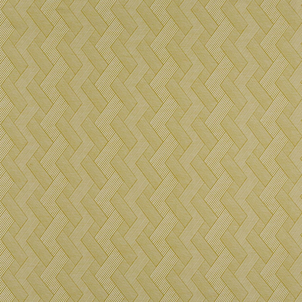 A mustard-yellow woven wallpaper with repeating herringbone zigzag pattern; covering a vertical surface, creating textured optical depth; close-up, evenly lit detail with subtle diagonal ribbing.