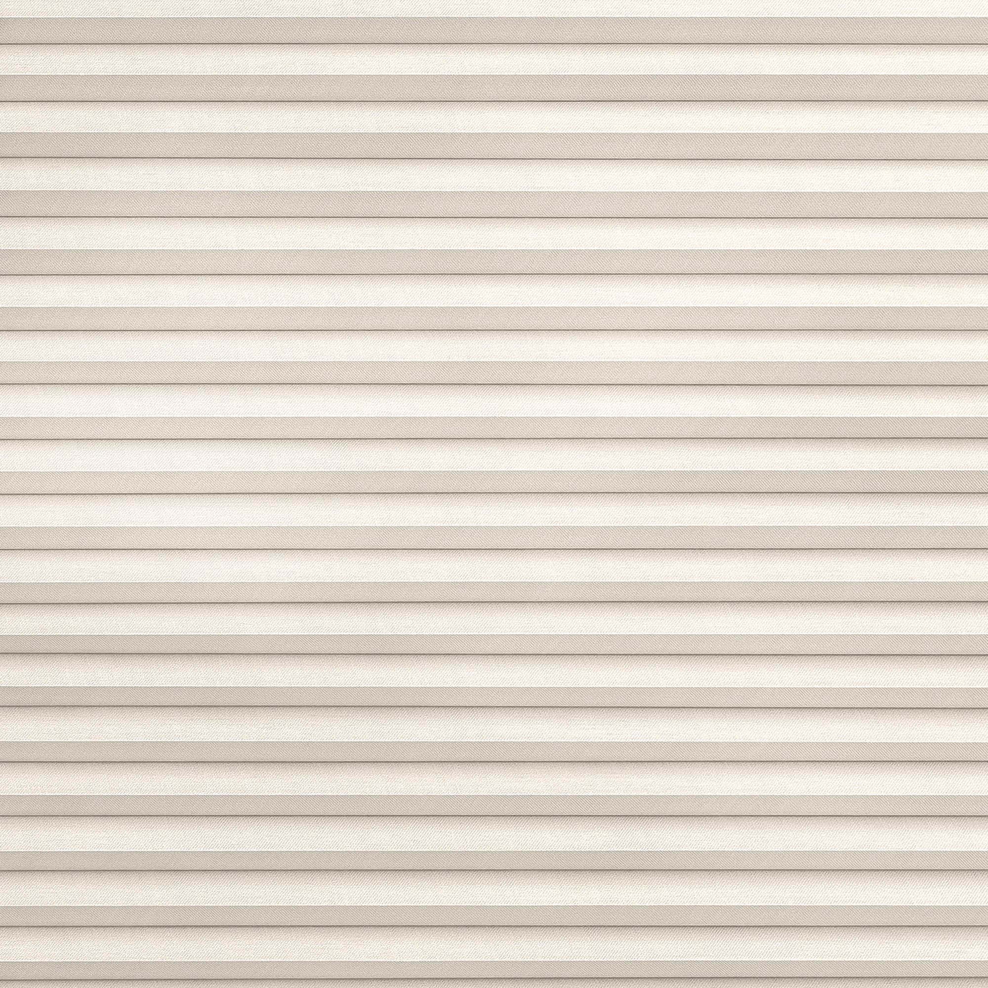 Horizontal pleated fabric blind, fully lowered and tightly closed with even ridges and beige texture; gently filtering soft daylight; fills a window opening in a neutral, softly lit interior.