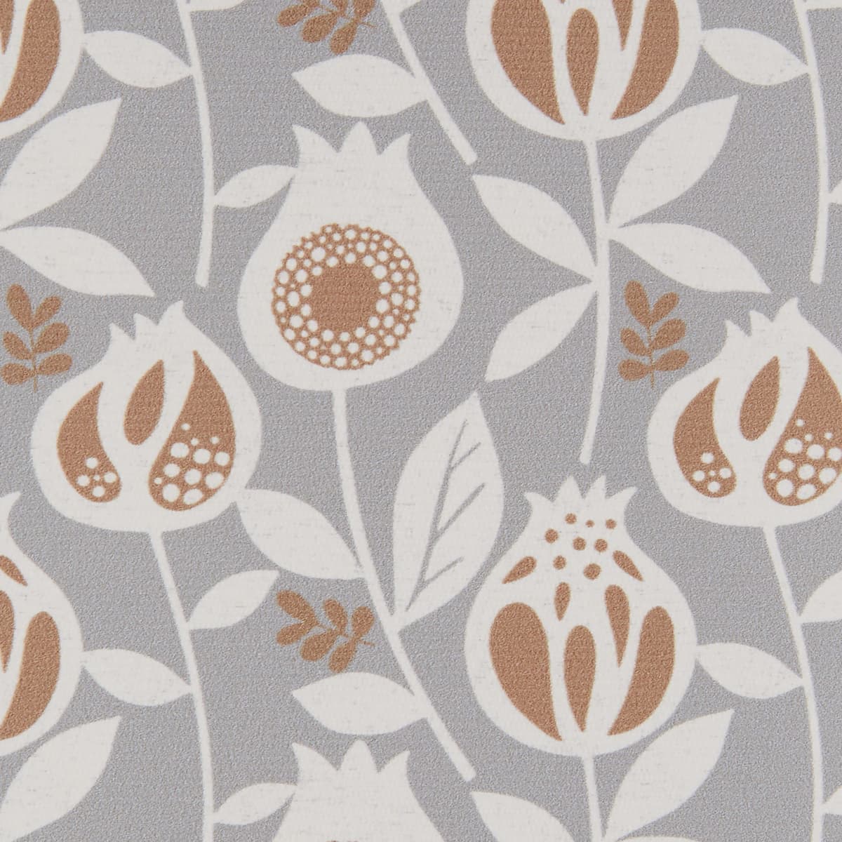Gray wallpaper patterned with stylized white pomegranate-shaped flowers and rust-brown seed details; the motif repeats uniformly, covering a wall surface in soft, even indoor lighting.