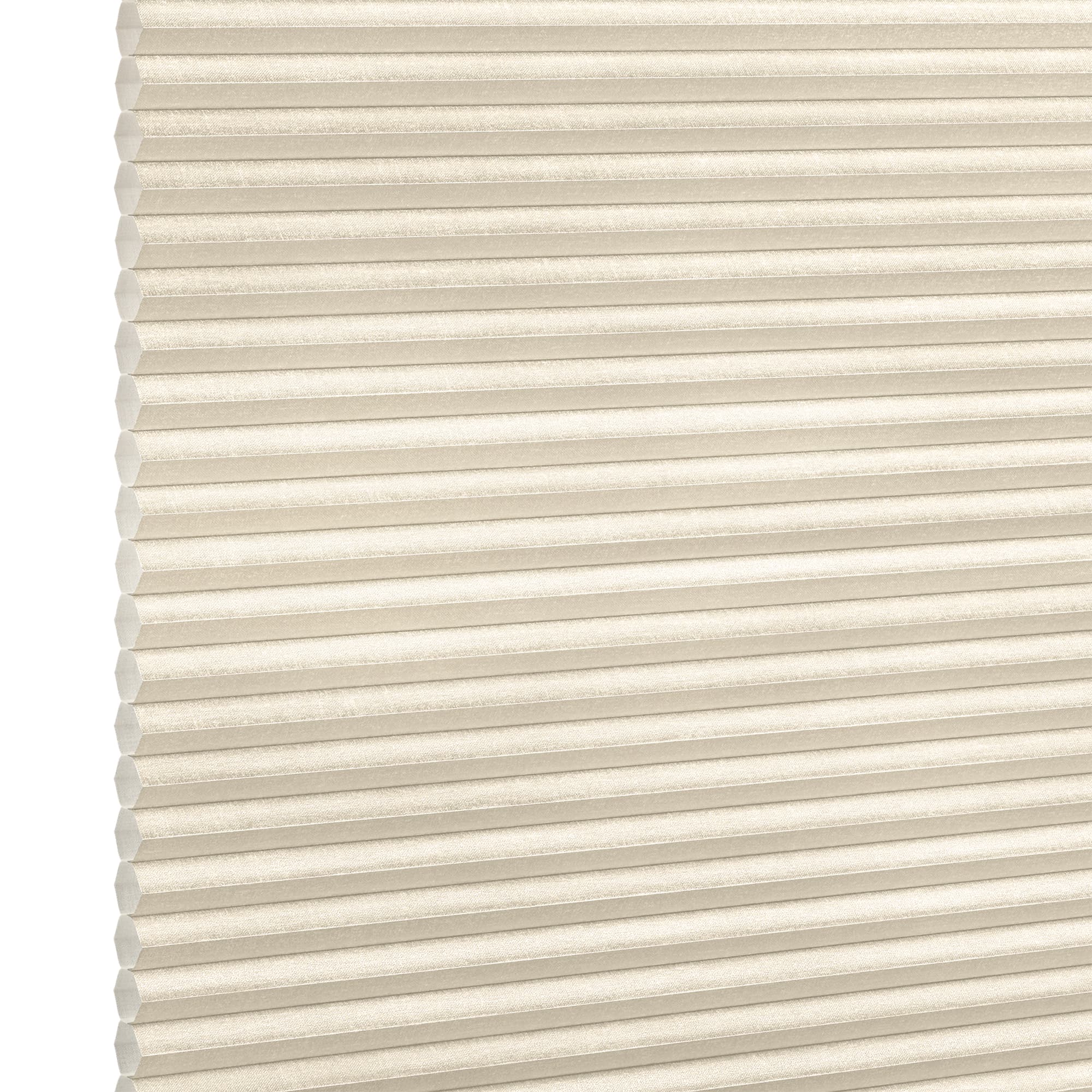 Beige honeycomb (cellular) blind, fully lowered with horizontal pleats and visible cells; closed and softly diffusing daylight; set against a neutral white-lit background with no visible room or view.