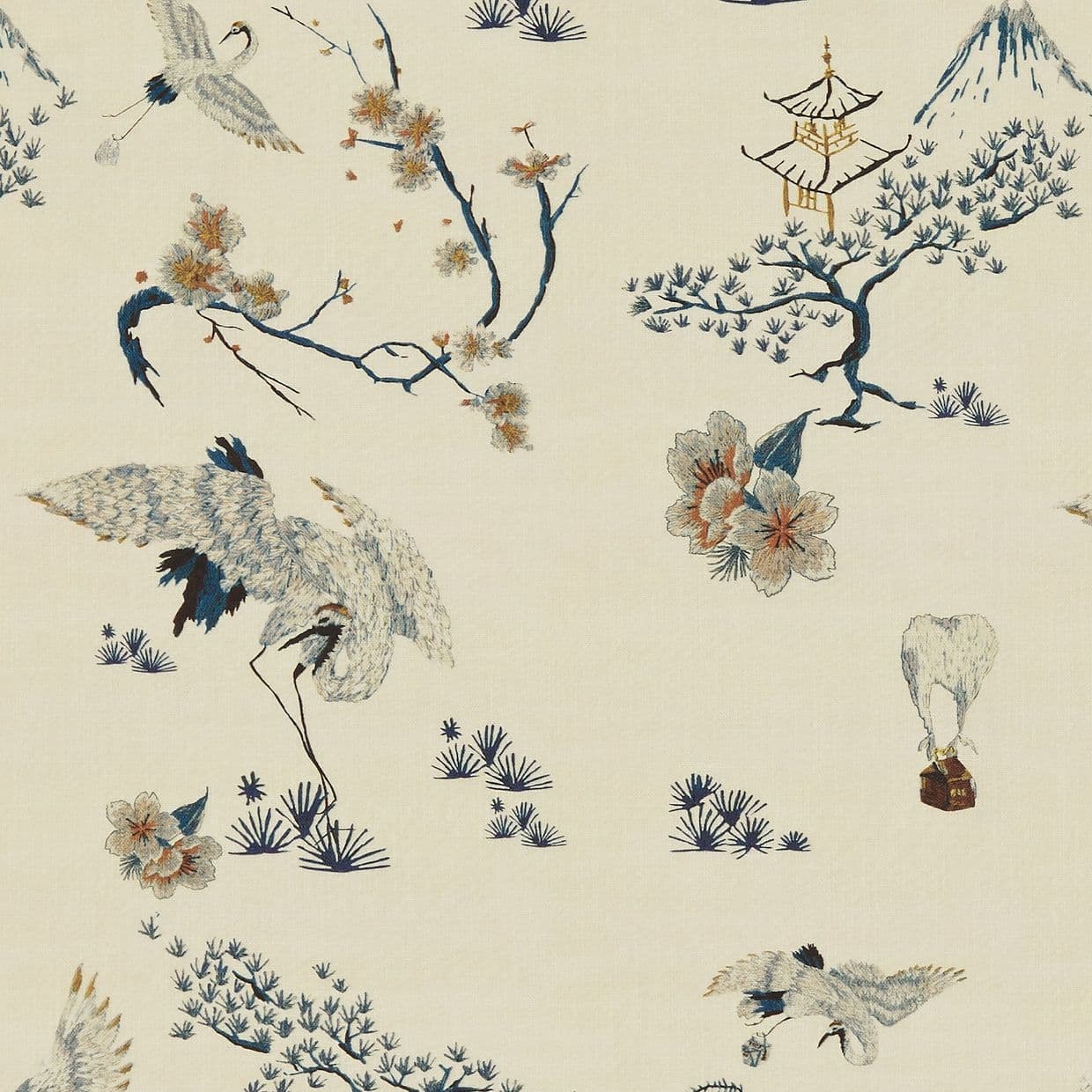 Patterned textile/wallpaper (cream) featuring embroidered-style cranes, blossoming branches, pine trees and a pagoda â€” cranes walking and flying across a repeating decorative motif in a soft, muted palette.