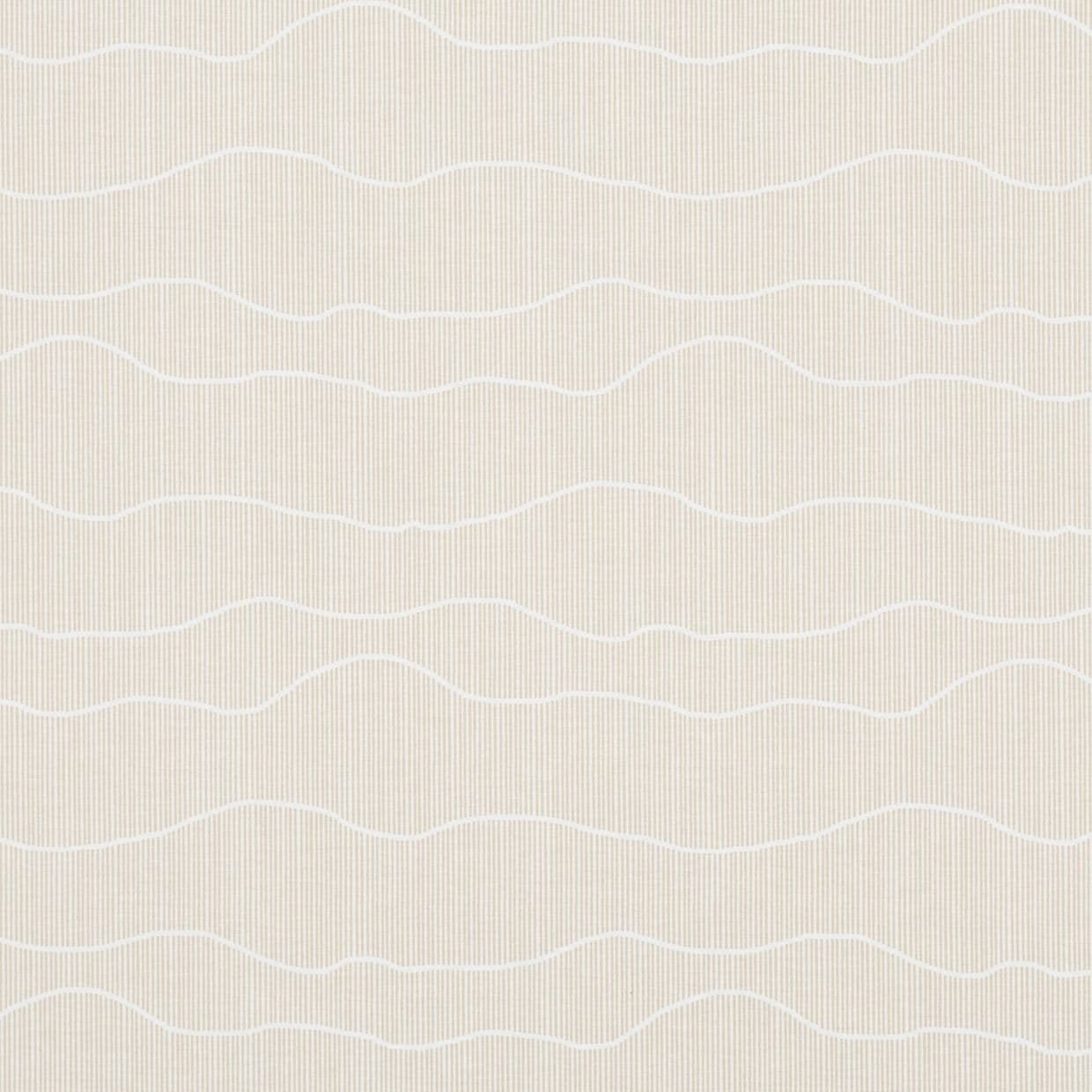 Beige wallpaper with fine vertical pinstripes and irregular white wavy horizontal lines; lying flat as a continuous pattern; softly lit neutral interior wall backdrop.