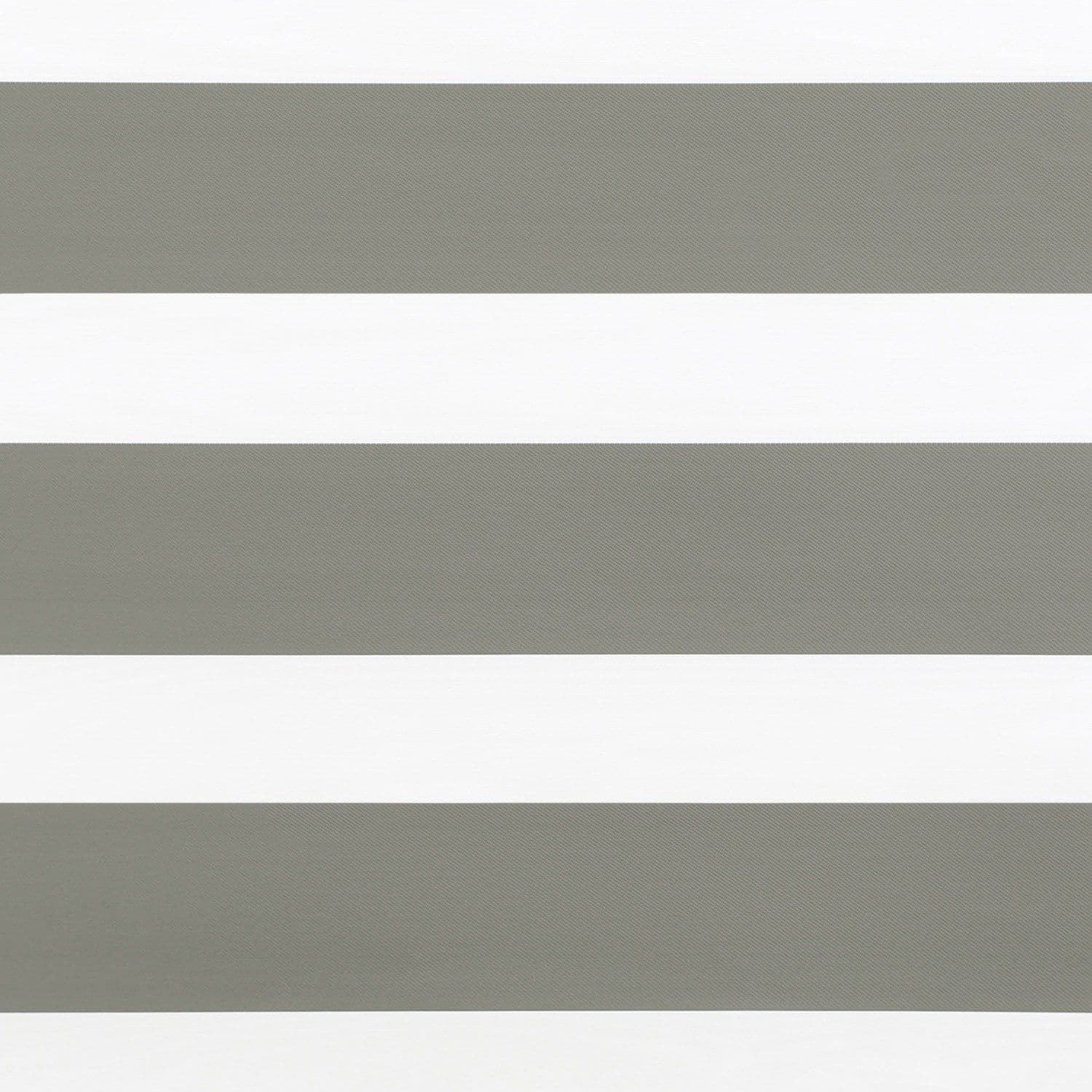 Horizontal striped roller blind covering the frame: alternating wide opaque gray and translucent white bands aligned to filter light; close-up view with neutral indoor lighting, no visible window or room.
