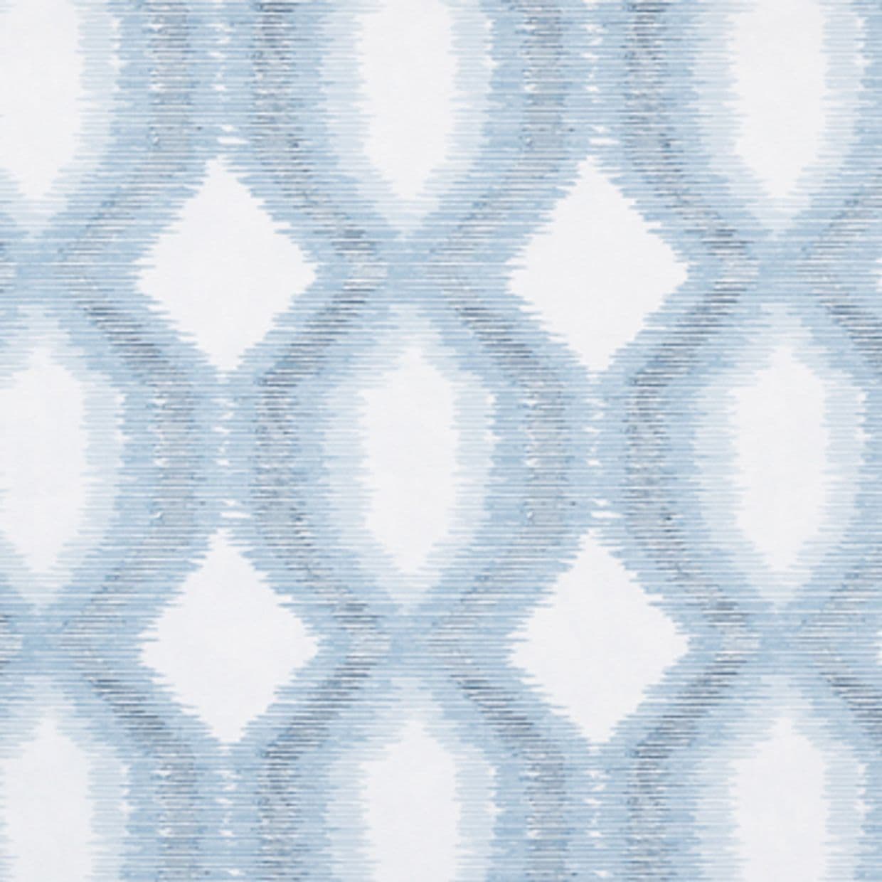 Pale blue-and-white patterned wallpaper covering a wall and displaying blurred diamond motifs formed by horizontal striations, creating a soft, watercolor-like backdrop for a light, airy interior.
