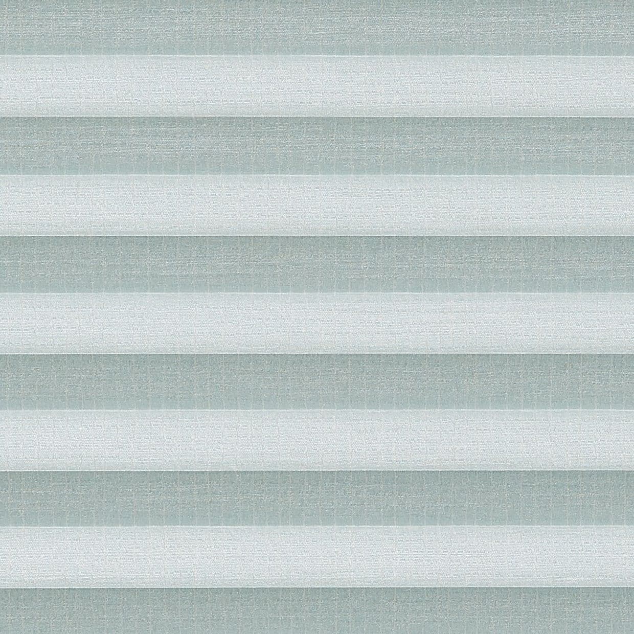 Horizontal pleated fabric blinds occupy the full frameâ€”wide, alternating pale and muted blueâ€‘gray bands with woven texture; closed and filtering soft light; neutral interior setting with diffused illumination.