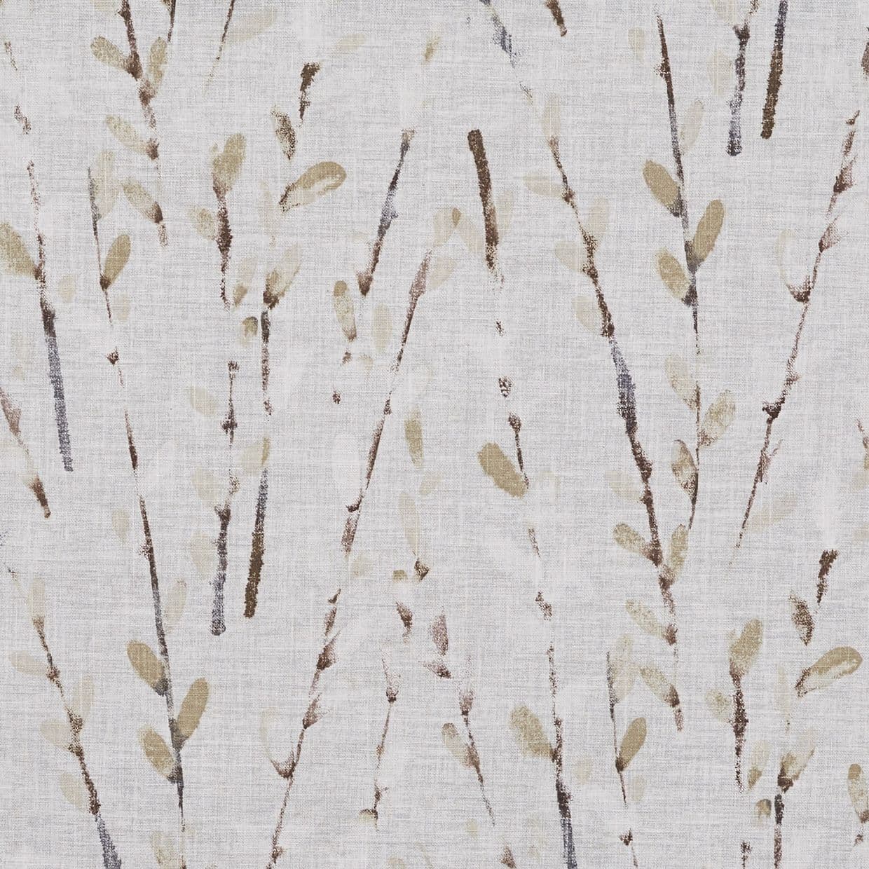 Linen-like fabric or wallpaper with vertical, painterly brown and beige twig-and-leaf brushstrokes; repeating printed pattern covers the surface, suggesting neutral, softly lit interior dÃ©cor.