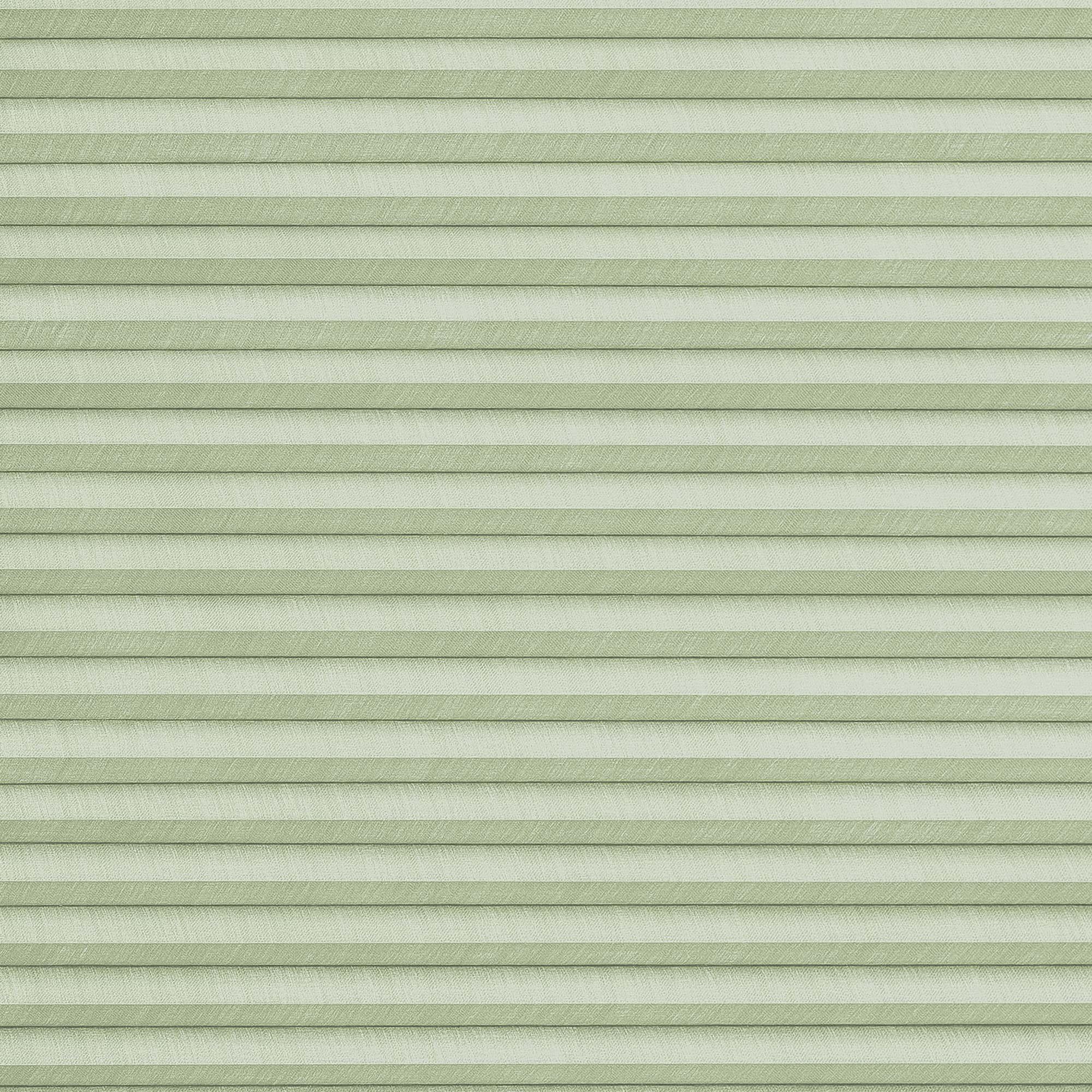 Pale green pleated cellular shade, fully closed and evenly aligned, filtering light subtly; fills the frame with textured horizontal ribs suggesting a softly lit interior window covering.