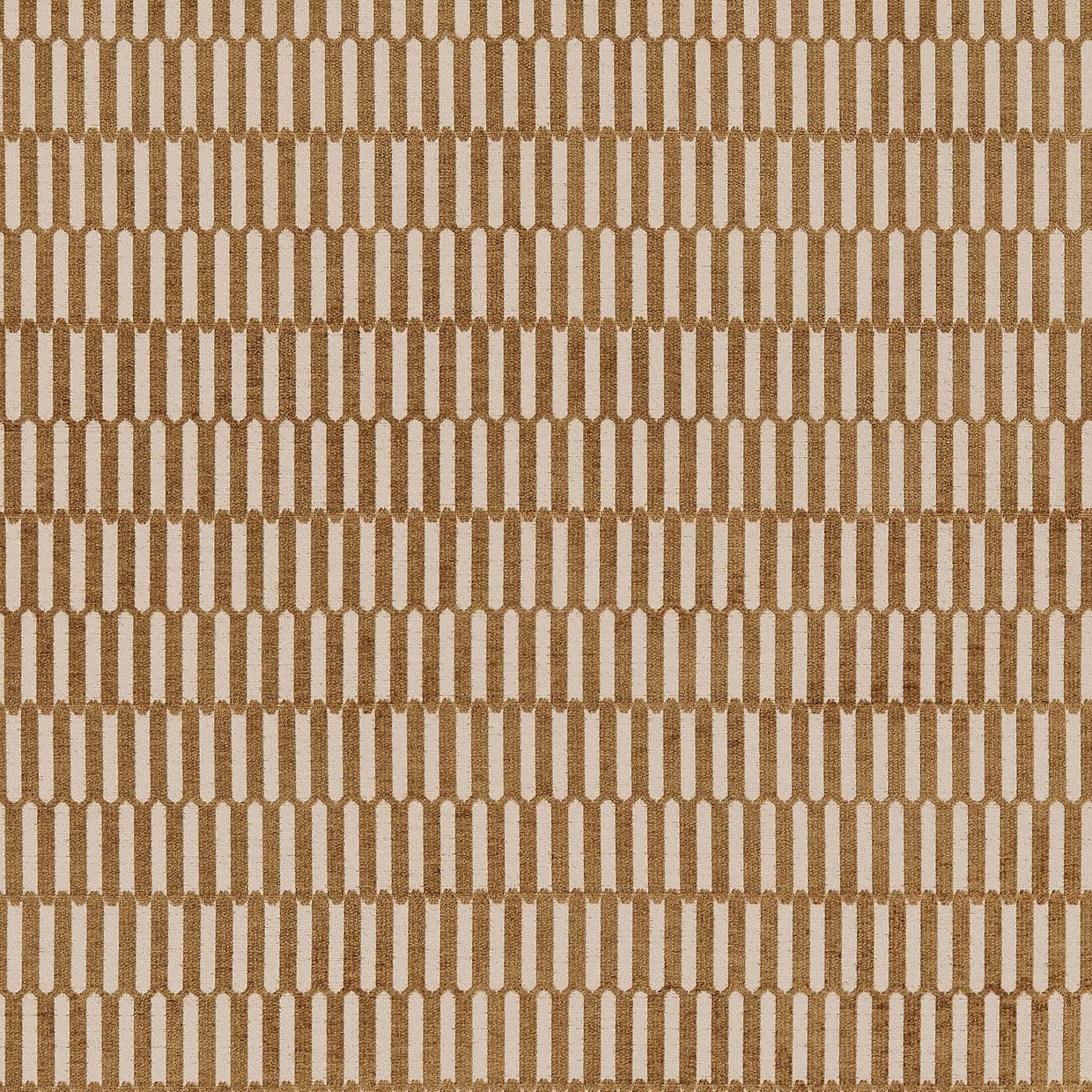 Beige-and-tan woven fabric with repeating vertical rounded rectangles, forming a staggered grid pattern; pattern repeats evenly across the flat, evenly lit surface in a close-up view.