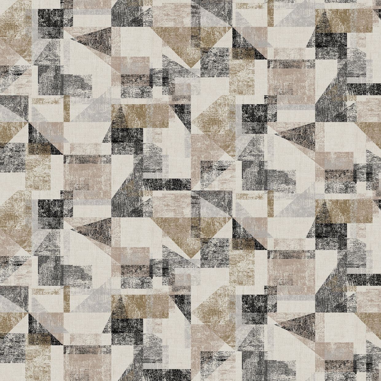 Distressed neutral-toned geometric wallpaper: overlapping rectangles and triangles with textured, worn marks repeating across a flat surface; evenly lit, no visible room elements, resembles fabric wall covering.