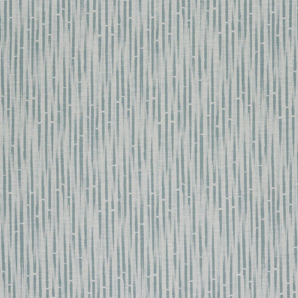 Wallpaper with staggered vertical teal dashes (textile-like), covering the wall evenly; softly lit, neutral-toned surface with a subtle woven/linen texture.