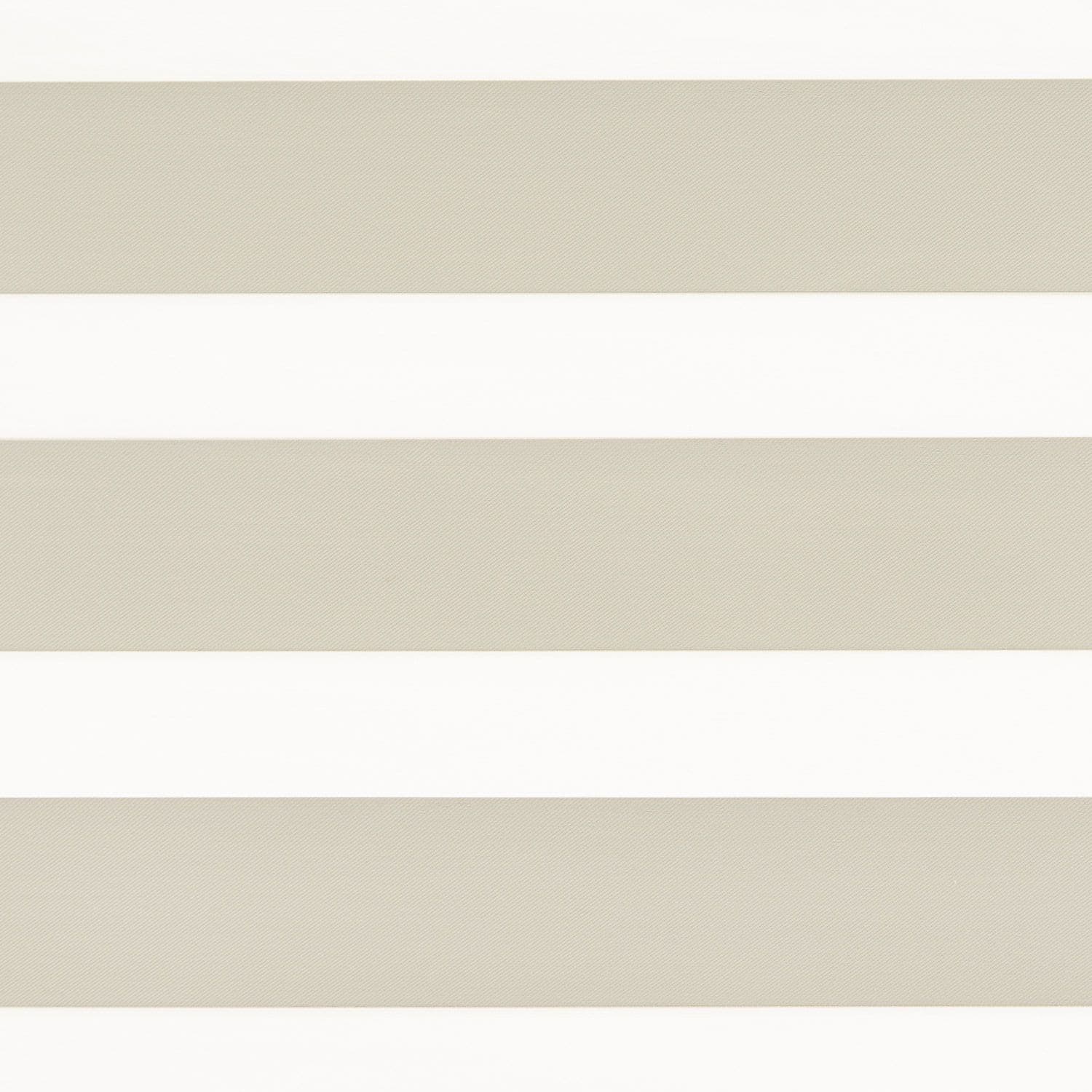 Horizontal striped roller blind spanning the frame with alternating opaque beige and translucent white bands, blocking and filtering light, set against a bright, minimal interior.