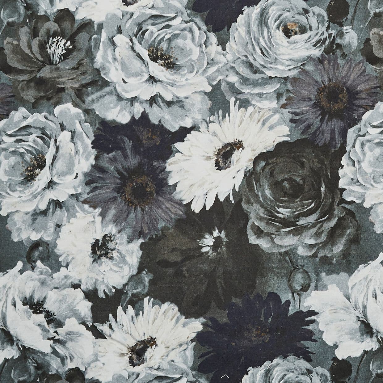 A dense floral fabric/wallpaper print of painted roses and daisies, large overlapping blooms in muted blues, grays, and whites; the pattern covers a flat surface under soft, even lighting.