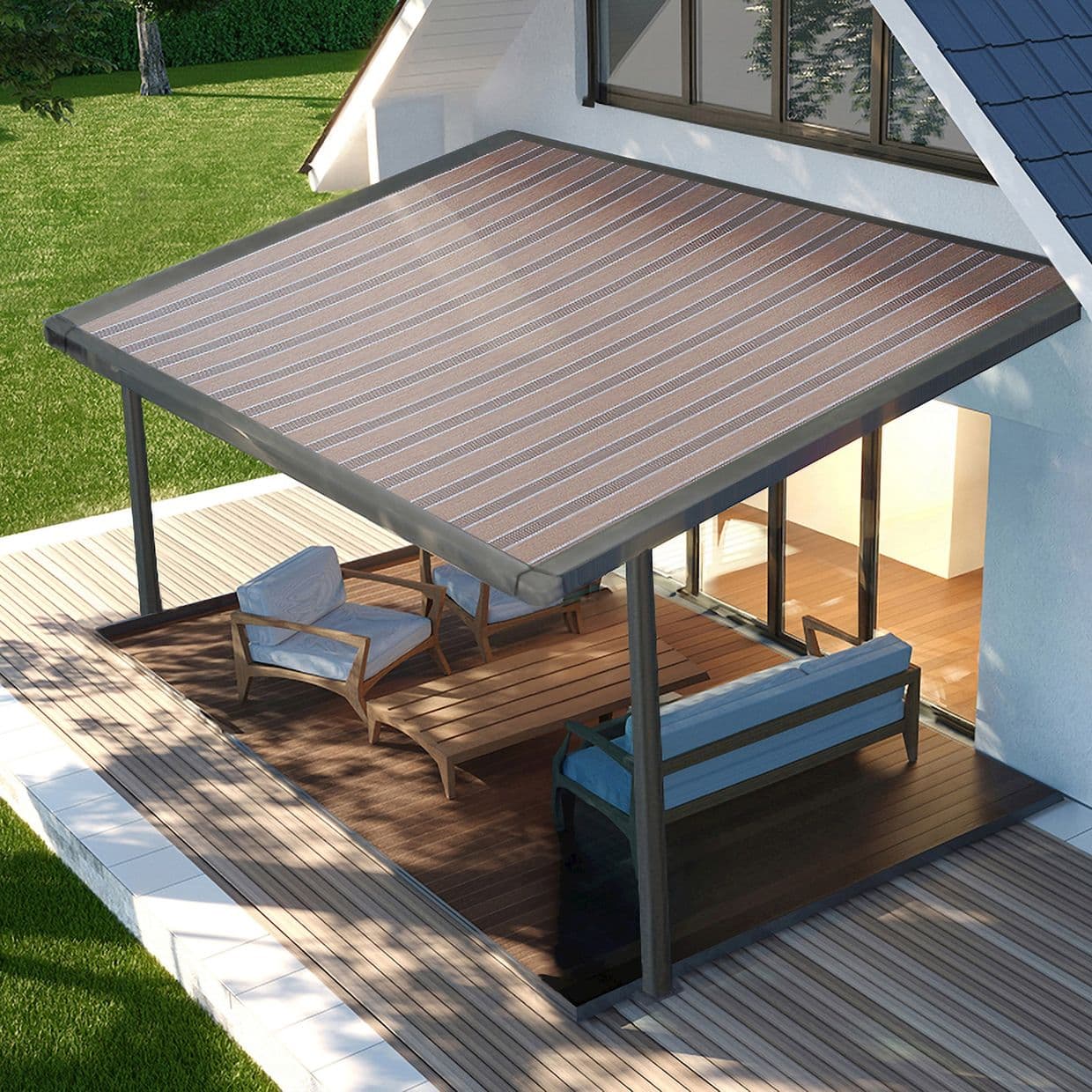 Striped fabric awning with grey frame, extended over patio and supported by two posts, shading a wooden deck seating area adjacent to sliding glass doors; daytime backyard lawn visible.