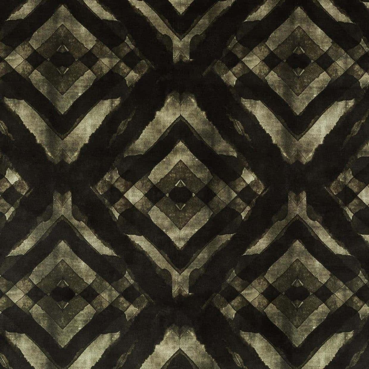 Dark textile with repeating diamond-and-chevron motif, watercolor-like black and olive strokes forming mirrored geometric shapes; displayed flat under even lighting, close-up view with no visible surroundings.