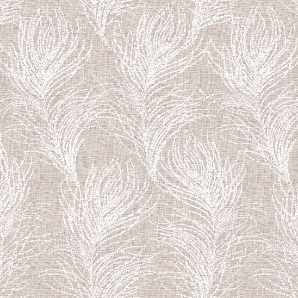 White stylized feather motifs repeating in vertical rows, printed across a beige, linen-textured surface, forming a soft, neutral wallpaper or fabric pattern under even, flat lighting.