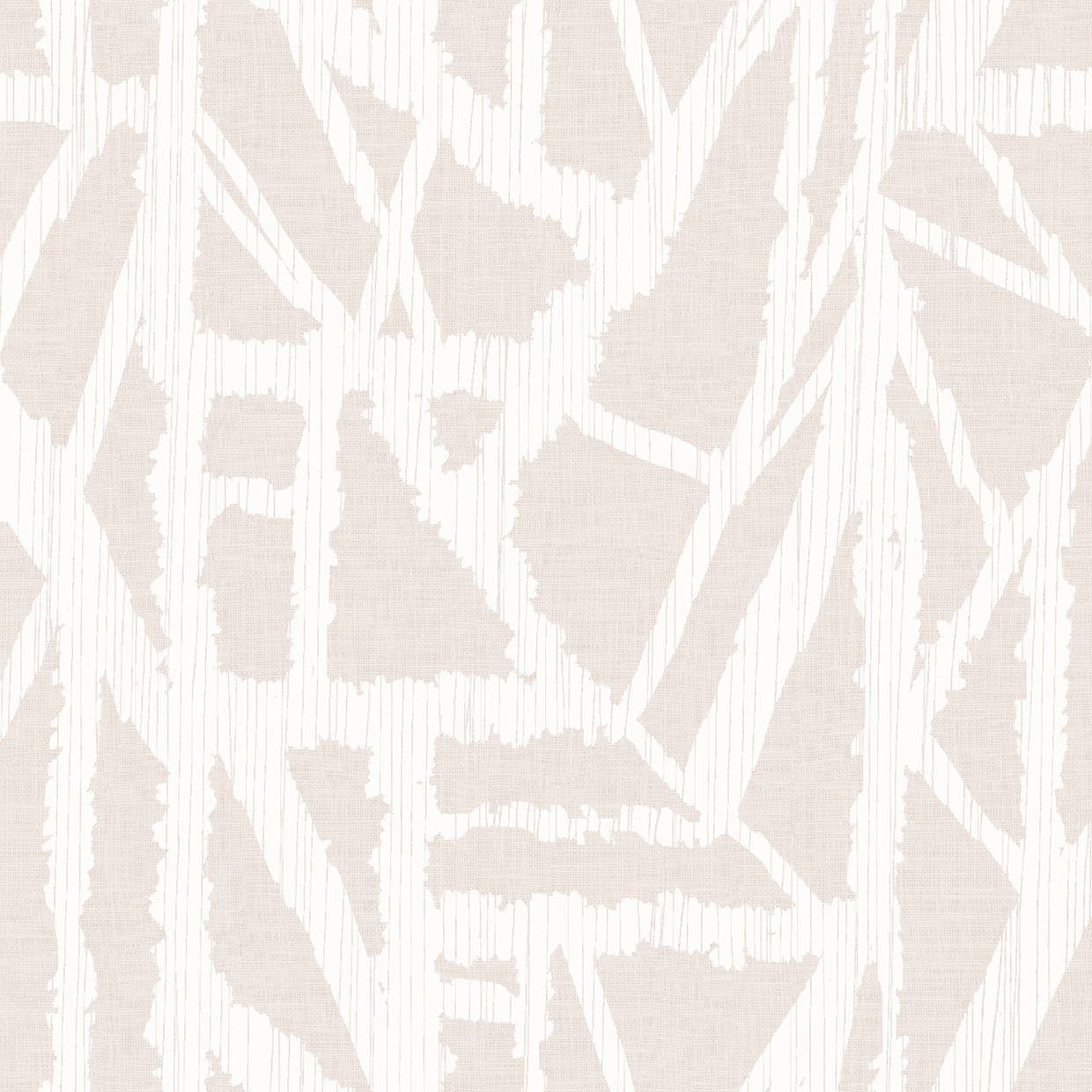 Large-scale beige-and-white abstract patterned wallpaper with brushstroke and pinstripe texture; repeating across a flat surface, providing a neutral, softly lit decorative background.