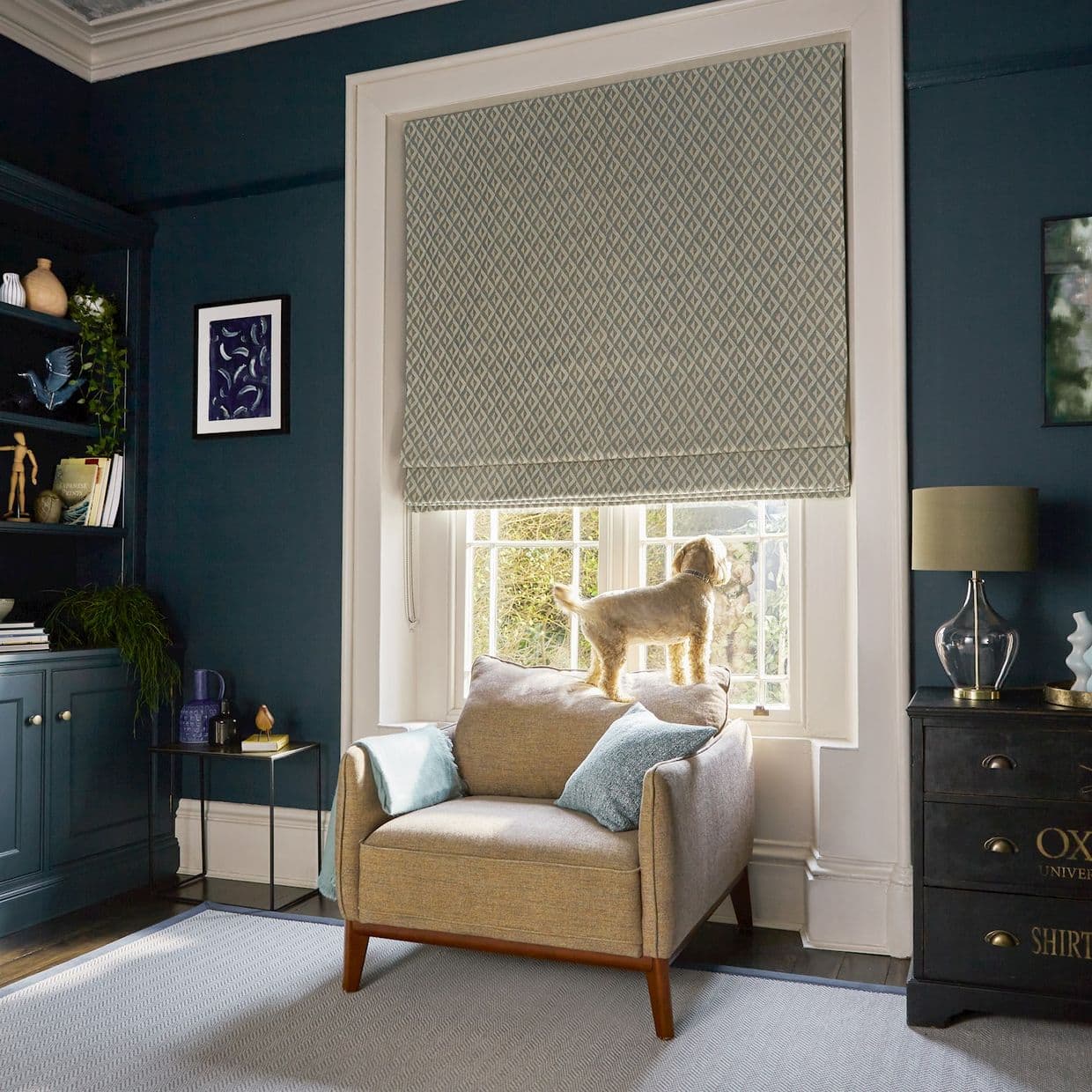 Patterned Roman blind with diamond motif, drawn almost fully down leaving a small gap; it filters soft daylight. Context: cozy teal living room, armchair by window with a small dog on the cushion.

OXFORD UNIVERSITY SHIRTS