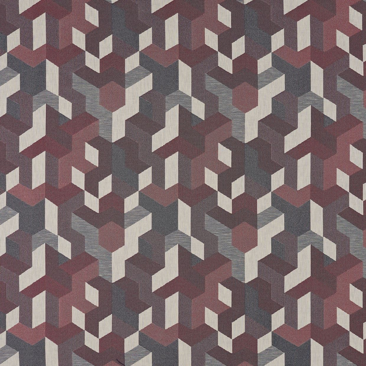 Geometric patterned fabric or wallpaper featuring repeating three-dimensional hexagonal chevron modules in muted burgundy, gray, and cream; flat, evenly lit surface showing woven texture across the seamless design.