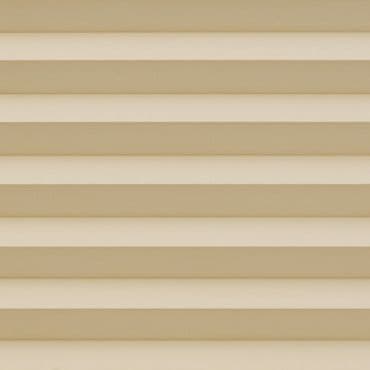 Beige horizontal slatted blinds covering the window, fully closed with evenly spaced slats; filtering soft diffuse light into an interior space with neutral walls and no visible view.