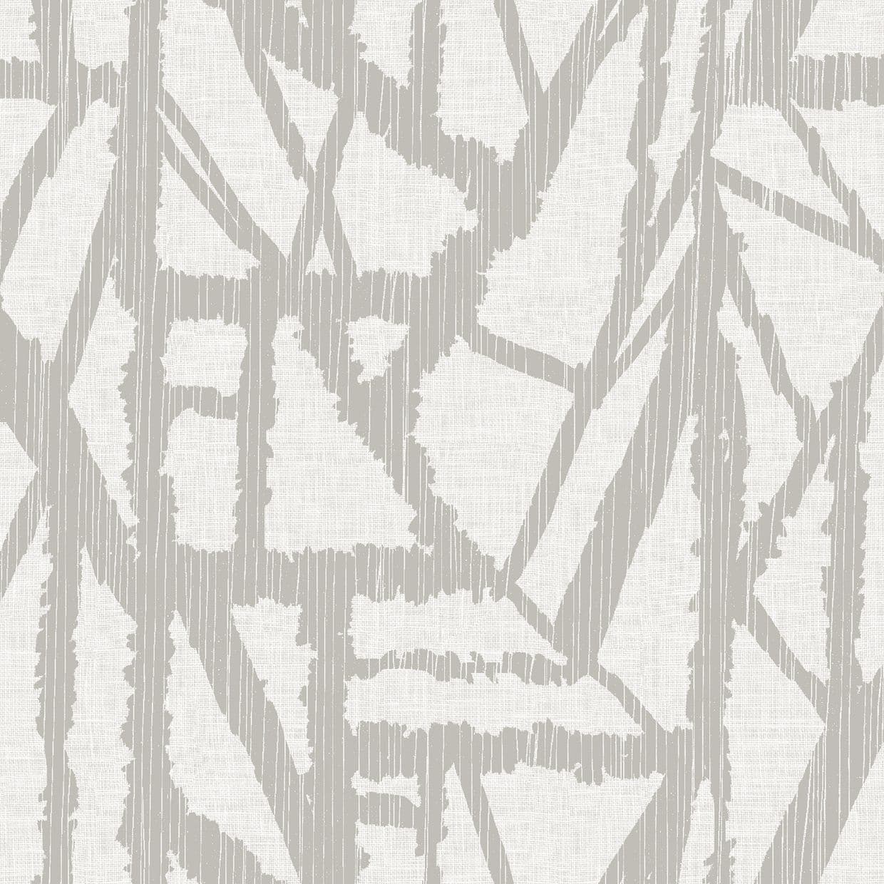 Beige-gray jagged geometric print on off-white textured fabric (wallpaper), repeating across the surface; flat, evenly lit close-up showing overlapping vertical and diagonal bands.