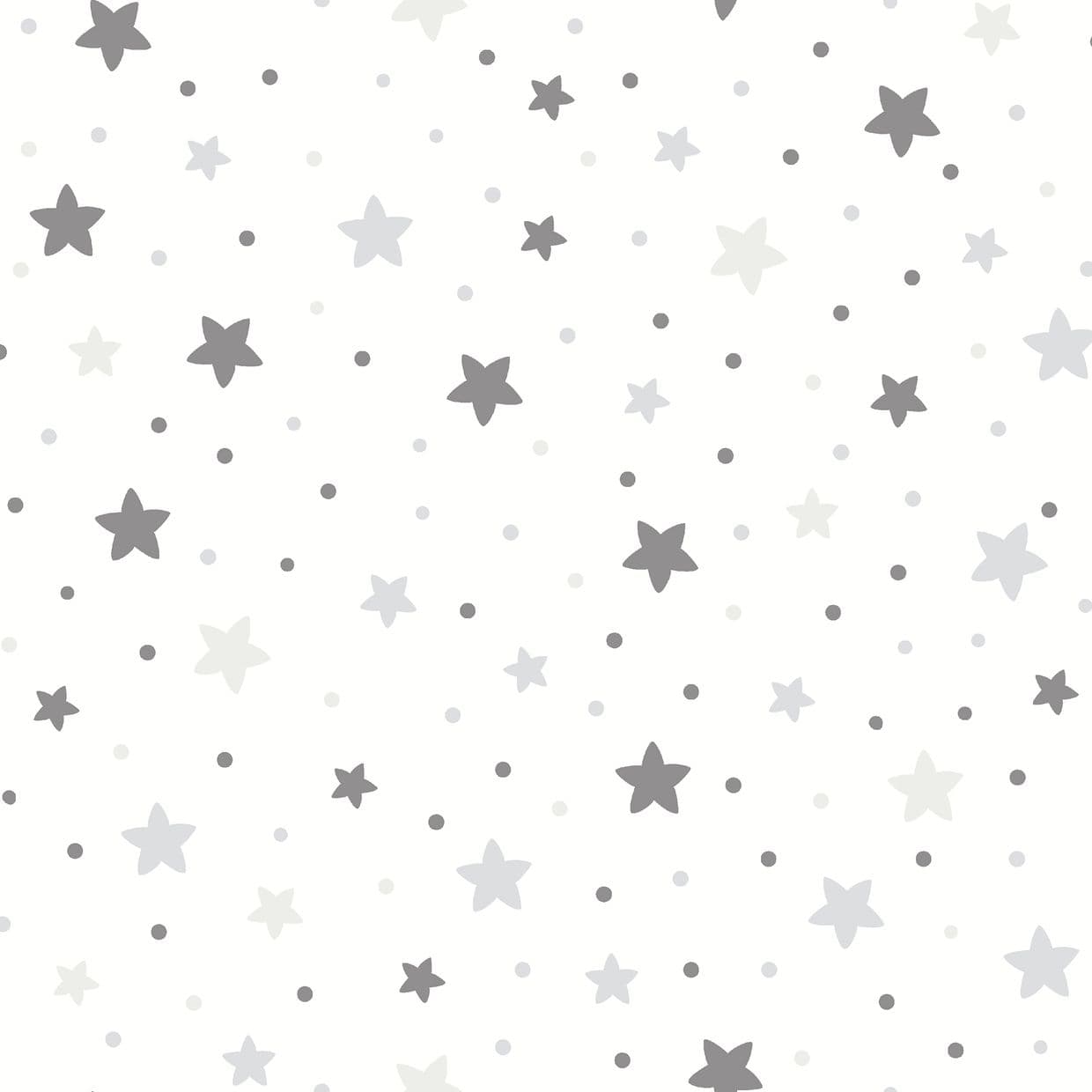 Scattered five-point stars and small dots in light gray and charcoal across a white background, repeating decorative pattern on a flat surface (wallpaper or fabric); evenly lit, neutral nursery motif.