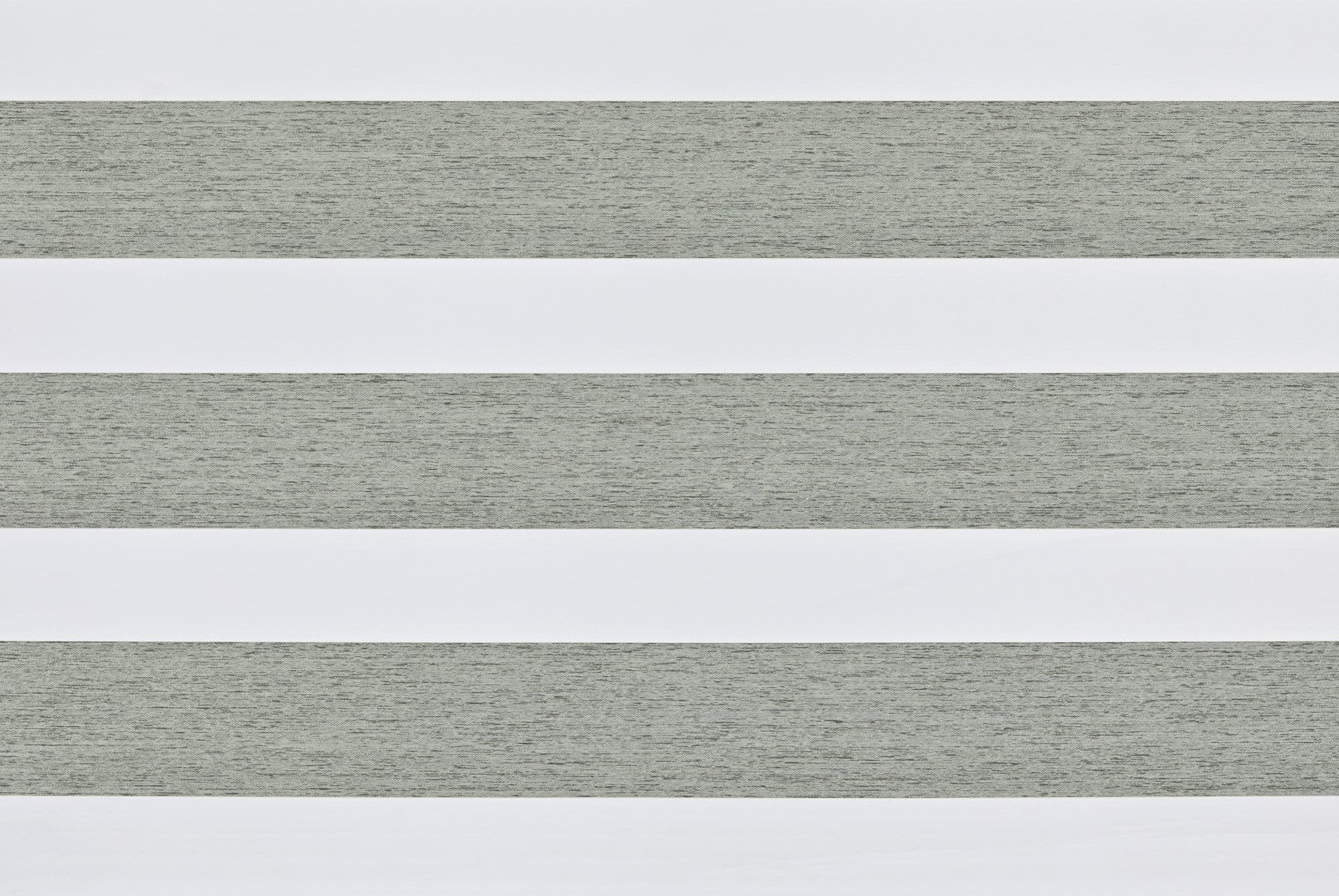 Horizontal zebra blinds spanning the frame, alternating textured grayâ€‘green opaque and white translucent bands; aligned into wide stripes, partially filtering daylight and obscuring the view.