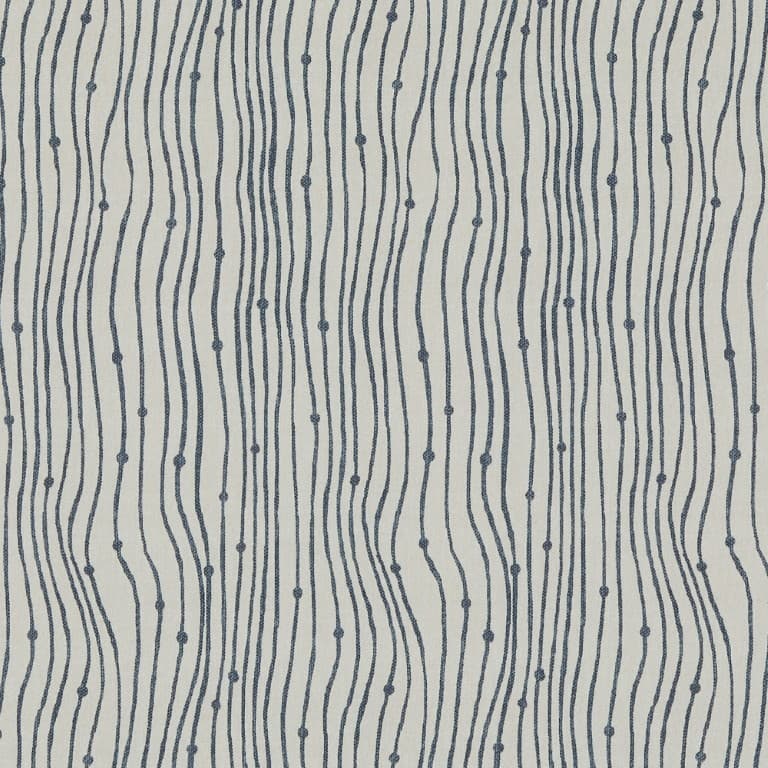 Textile swatch of cream fabric patterned with narrow navy embroidered wavy vertical lines punctuated by small knots; repeating lines undulate across the surface; close-up, evenly lit, neutral background.