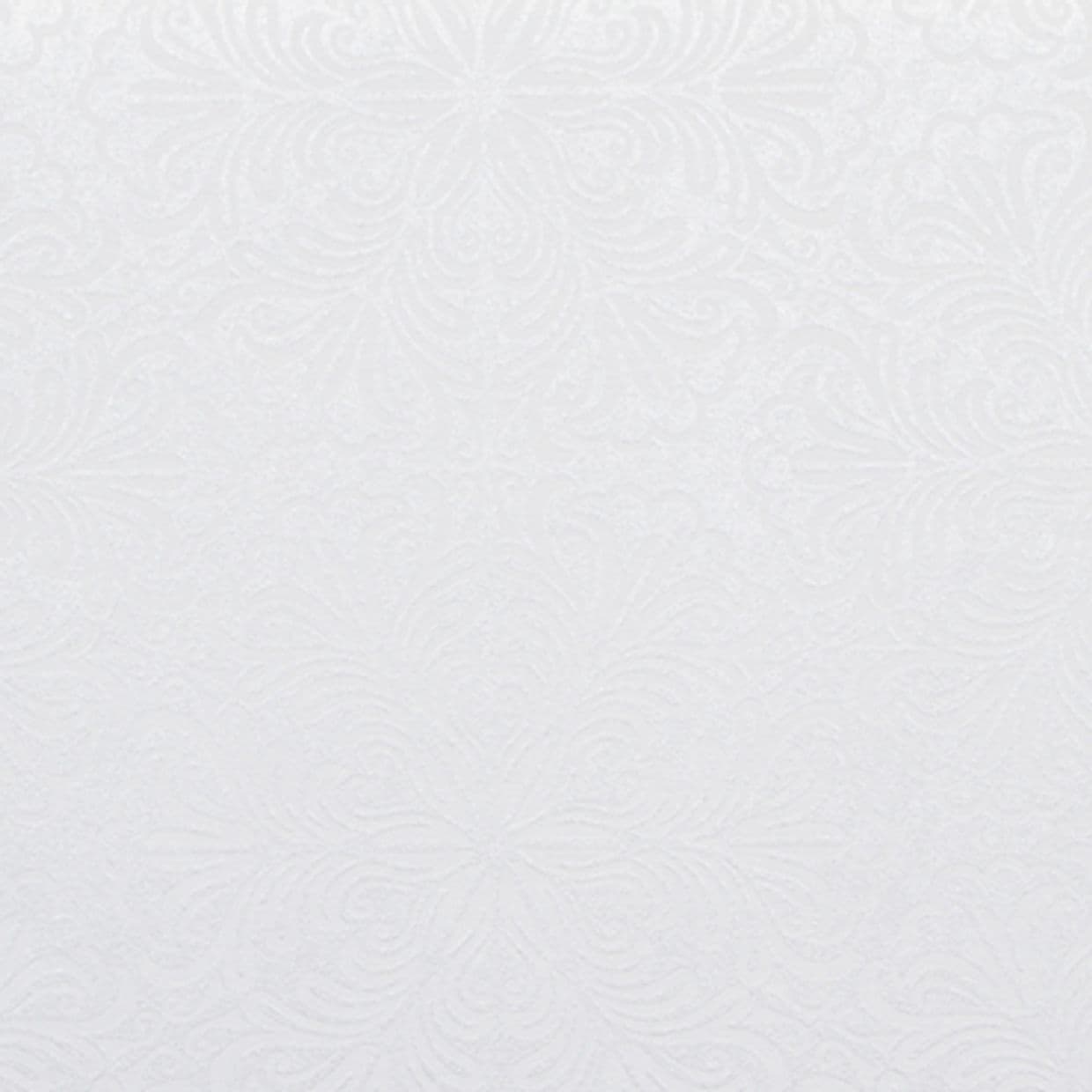 Embossed white wallpaperâ€”subtle floral and swirl patternâ€”covers a wall surface, providing a uniform, matte texture; evenly lit interior context with soft, diffused lighting and neutral tones.