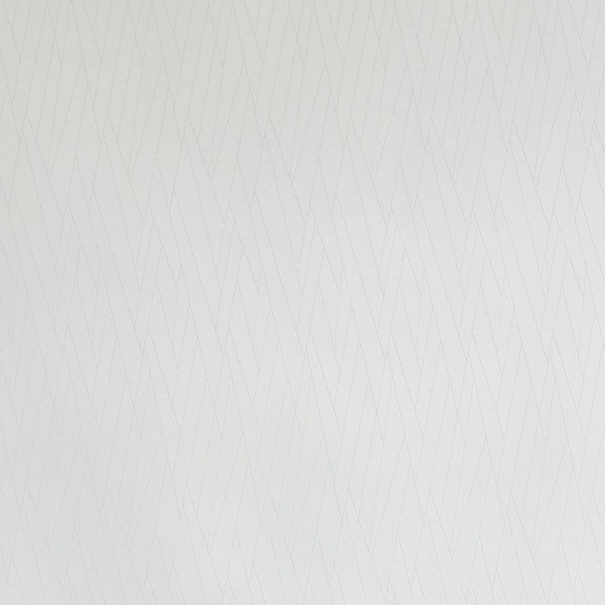 White textured wallpaper with subtle overlapping chevron lines covering a flat wall, providing a soft, matte surface; evenly lit, neutral interior setting with diffuse daylight and no visible furnishings.