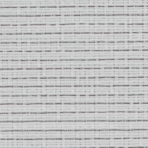 White woven fabric blind with thin dark horizontal slubs and grid-like weave, filtering diffuse daylight; close-up view of a bright interior window covering.