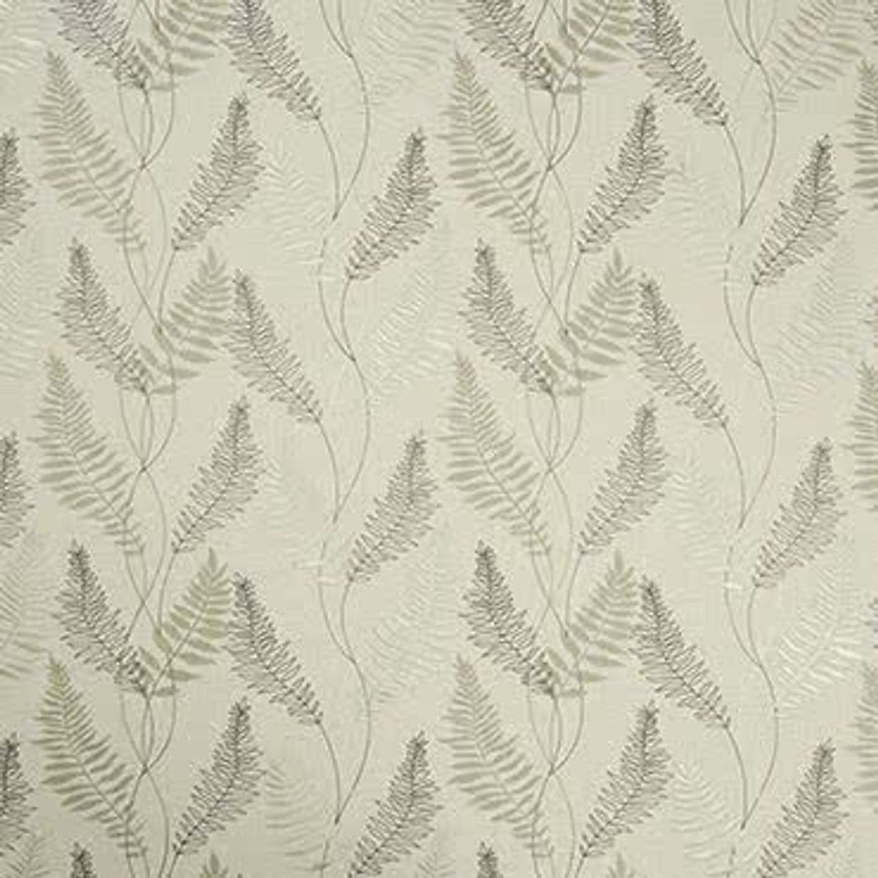 Textured cream wallpaper with overlapping taupe and gray fern fronds; repeating vertical pattern covering the wall, seen in soft neutral interior lighting, close-up wall view.