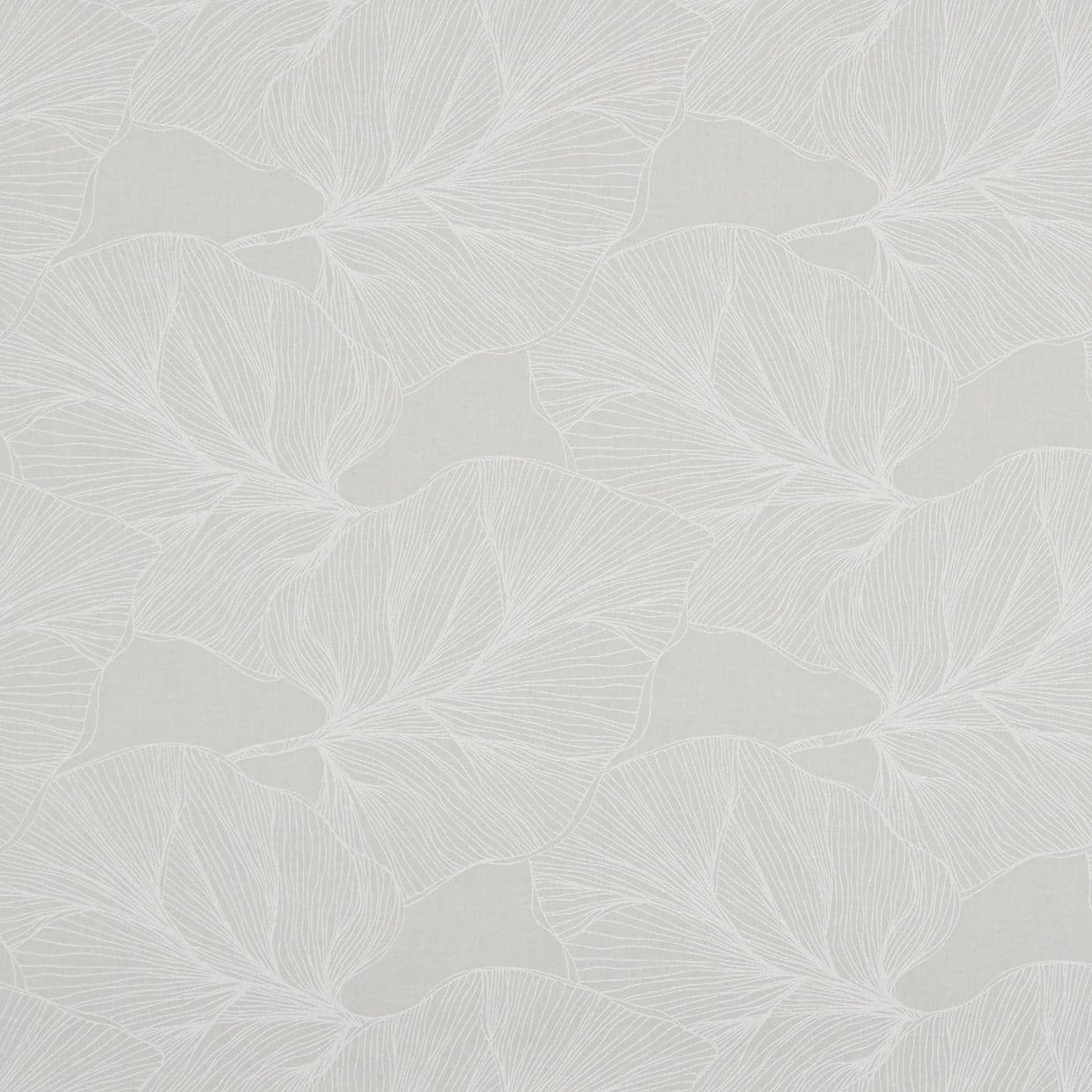 Pale grey wallpaper with large overlapping white line-drawn leaves; repeating pattern covering a wall, providing subtle botanical texture in a softly lit, neutral interior.