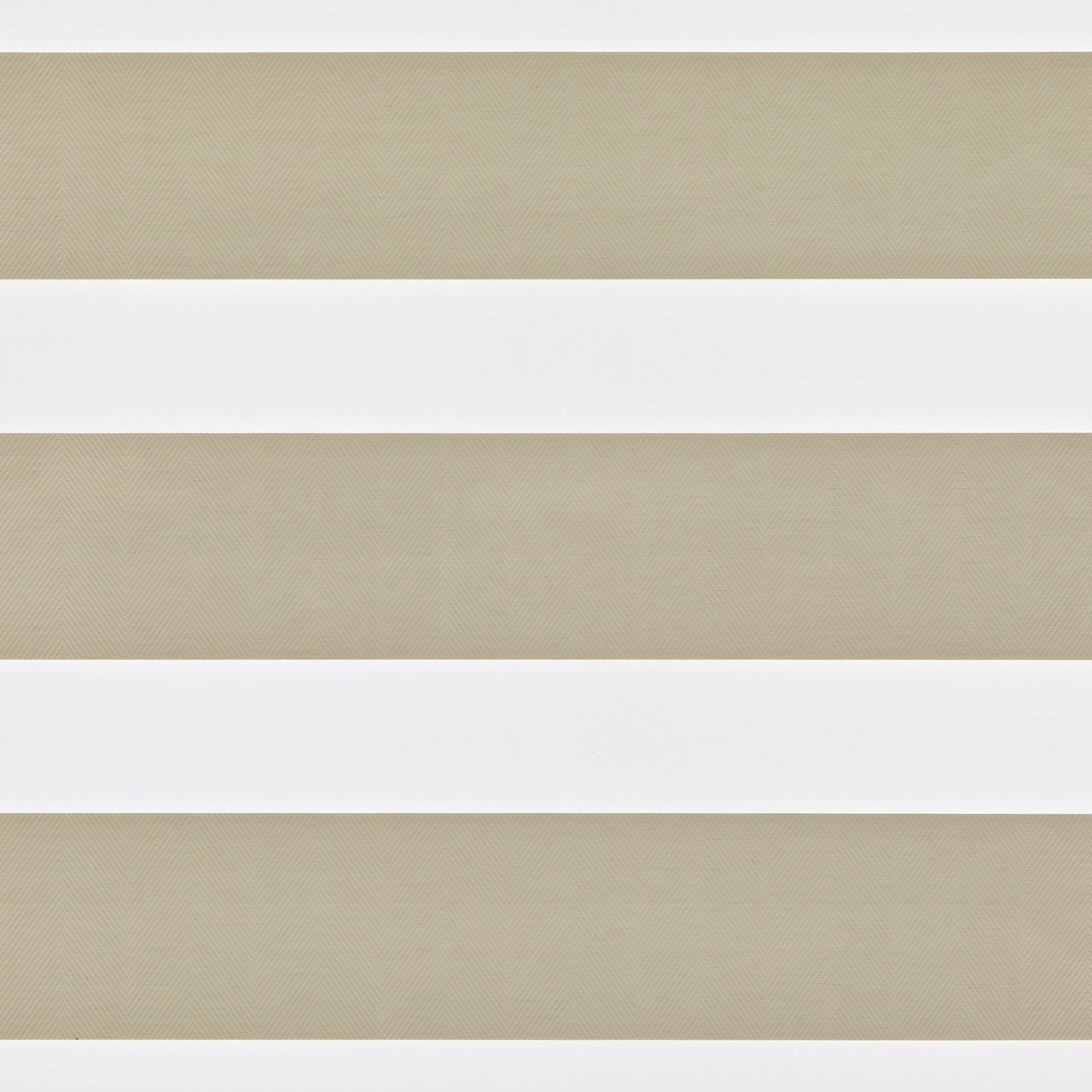 Zebra-style roller blind with alternating opaque white and semi-sheer beige herringbone-pattern bands, aligned horizontally and overlapping to partially filter light, set against a neutral-lit interior window area.