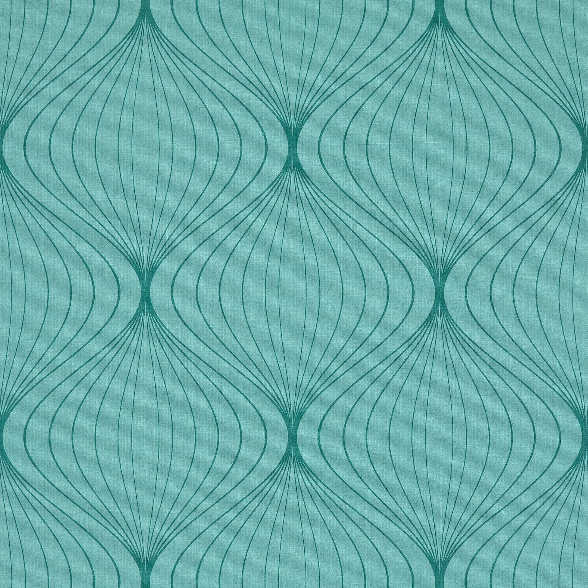 Teal wallpaper with repeating dark-teal, onion-shaped curved-line motifs; pattern printed across the wall surface, creating vertical symmetry and rhythmic repetition; evenly lit, flat surface suggesting mid-century modern decor.