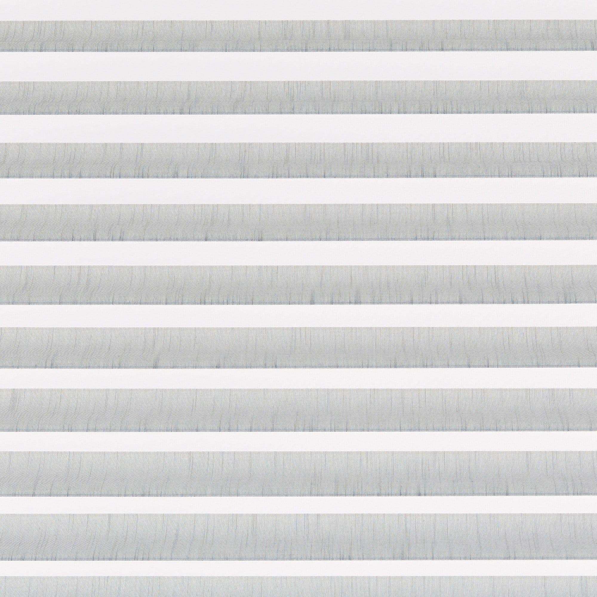 Horizontal dual-layer (zebra) roller blind with alternating sheer white and opaque light-gray fabric bands; aligned to form even stripes, filtering soft daylight across a neutral, well-lit interior.
