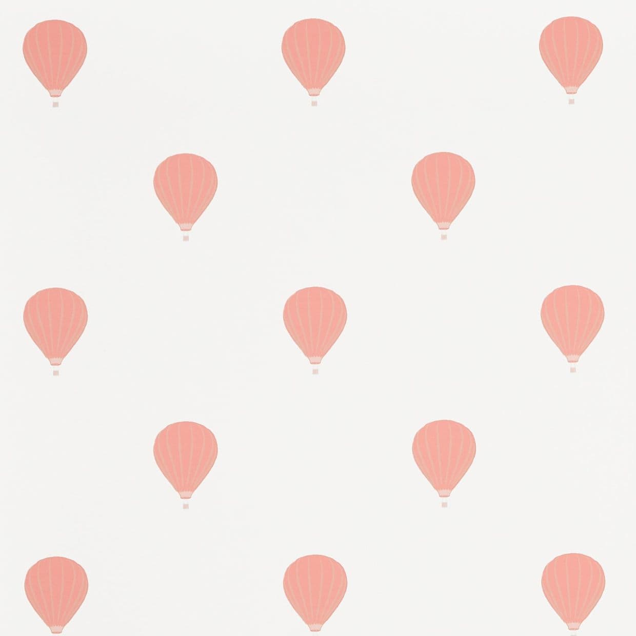 Small pastel-pink hot-air balloon motifs, evenly spaced in a grid and repeating, decorating a pale white background like a simple wallpaper pattern in soft, flat colors.