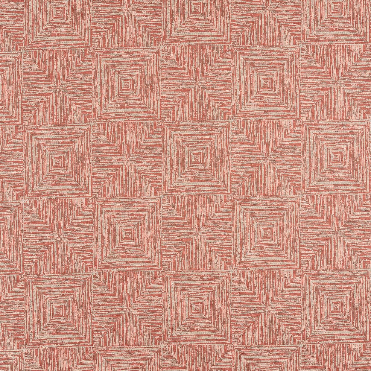 Textured wallpaper with coral-and-beige, hand-drawn concentric square tiles; a repeating, staggered motif covering the surface, shown in a flat, evenly lit close-up.
