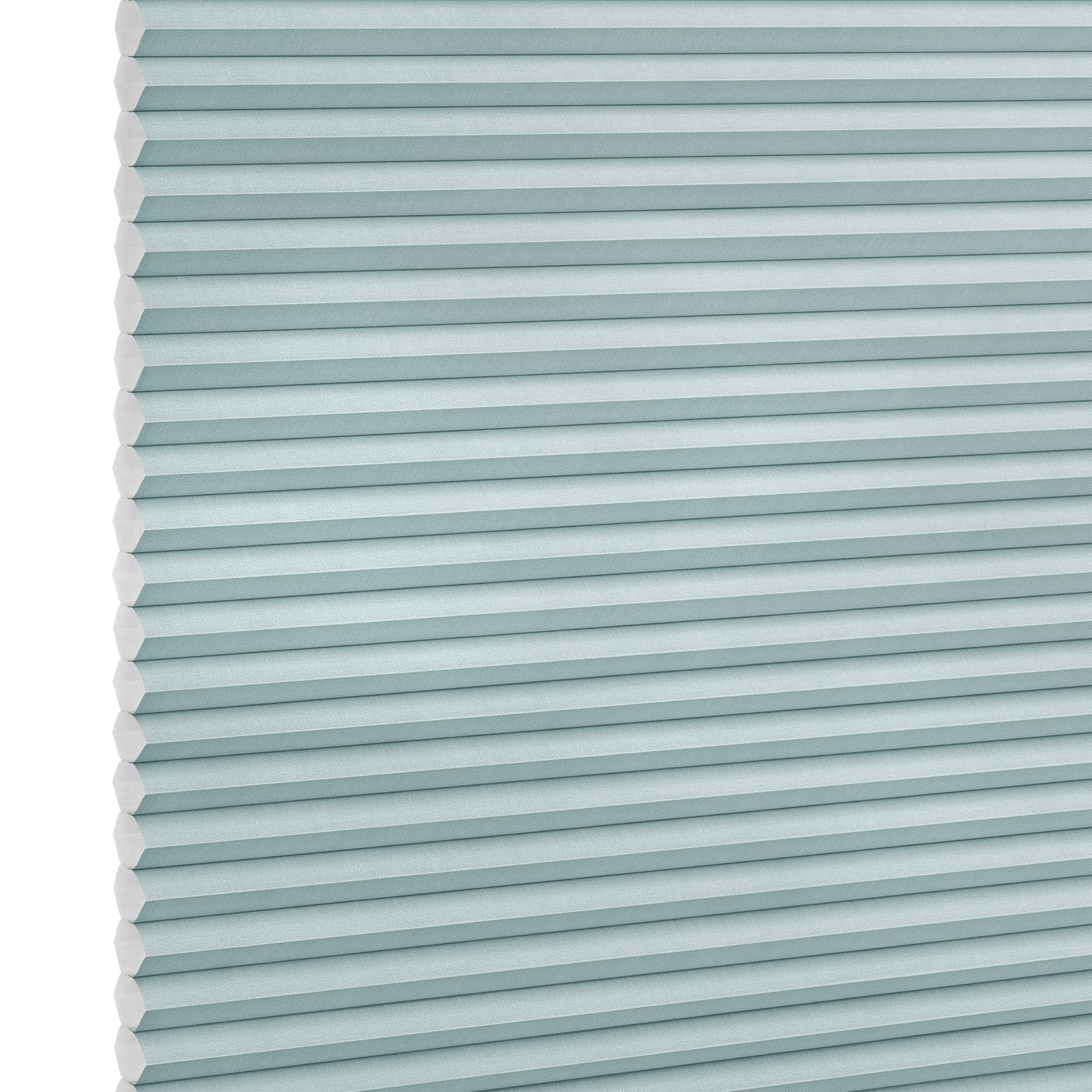 Honeycomb (cellular) shade, light-teal horizontal pleats, fully lowered; closed, softly diffusing light; close-up studio view against a white background.