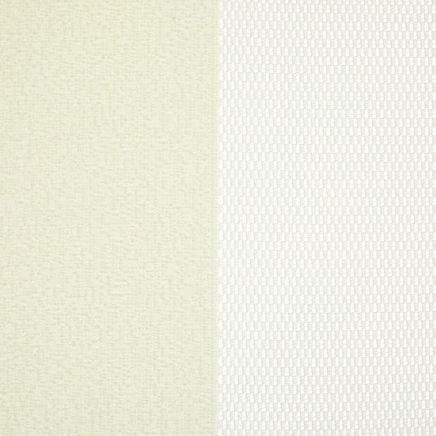 Two curtain panels â€” left opaque beige woven fabric, right sheer white mesh with rectangular weave â€” meet at center; the opaque blocks light while the sheer filters soft daylight, close-up.