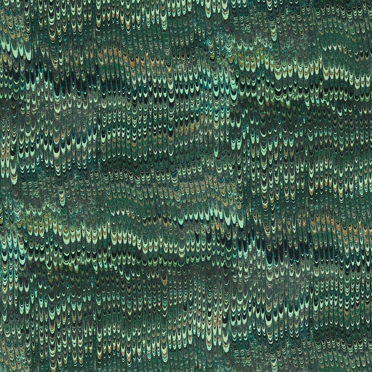 Teal-green marbled paper with dense combed teardrop motifs forming staggered diagonal bands; textured surface with subtle gold and black accents, resembling vintage book endpapers.