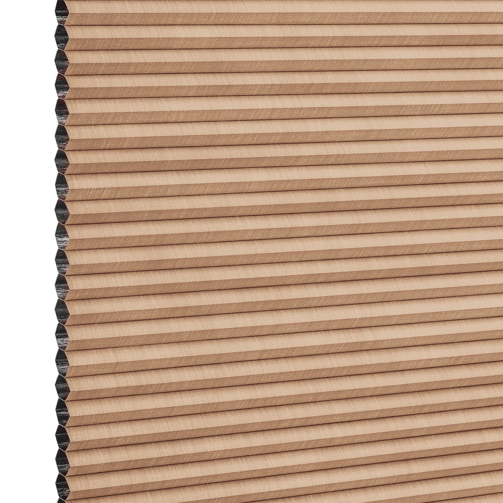 Beige honeycomb cellular blind with horizontal pleats, closed and compacted, honeycomb cells visible at the left edge; studio-lit product view against a white background.