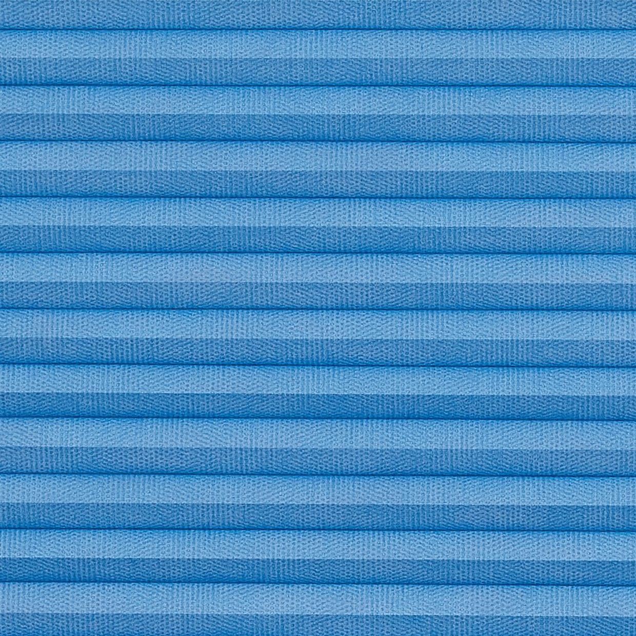 Pleated blue fabric blinds, closed with evenly spaced horizontal folds and textured weave; blocking and softly filtering light; close-up interior view with no visible window or outside scene.