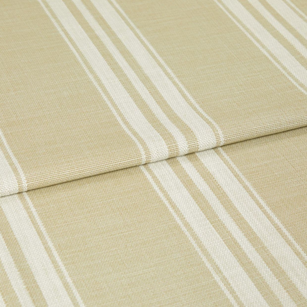 Beige and white striped fabric folded into a horizontal pleat, showing woven texture; stripes align across folds; close-up, soft neutral lighting.